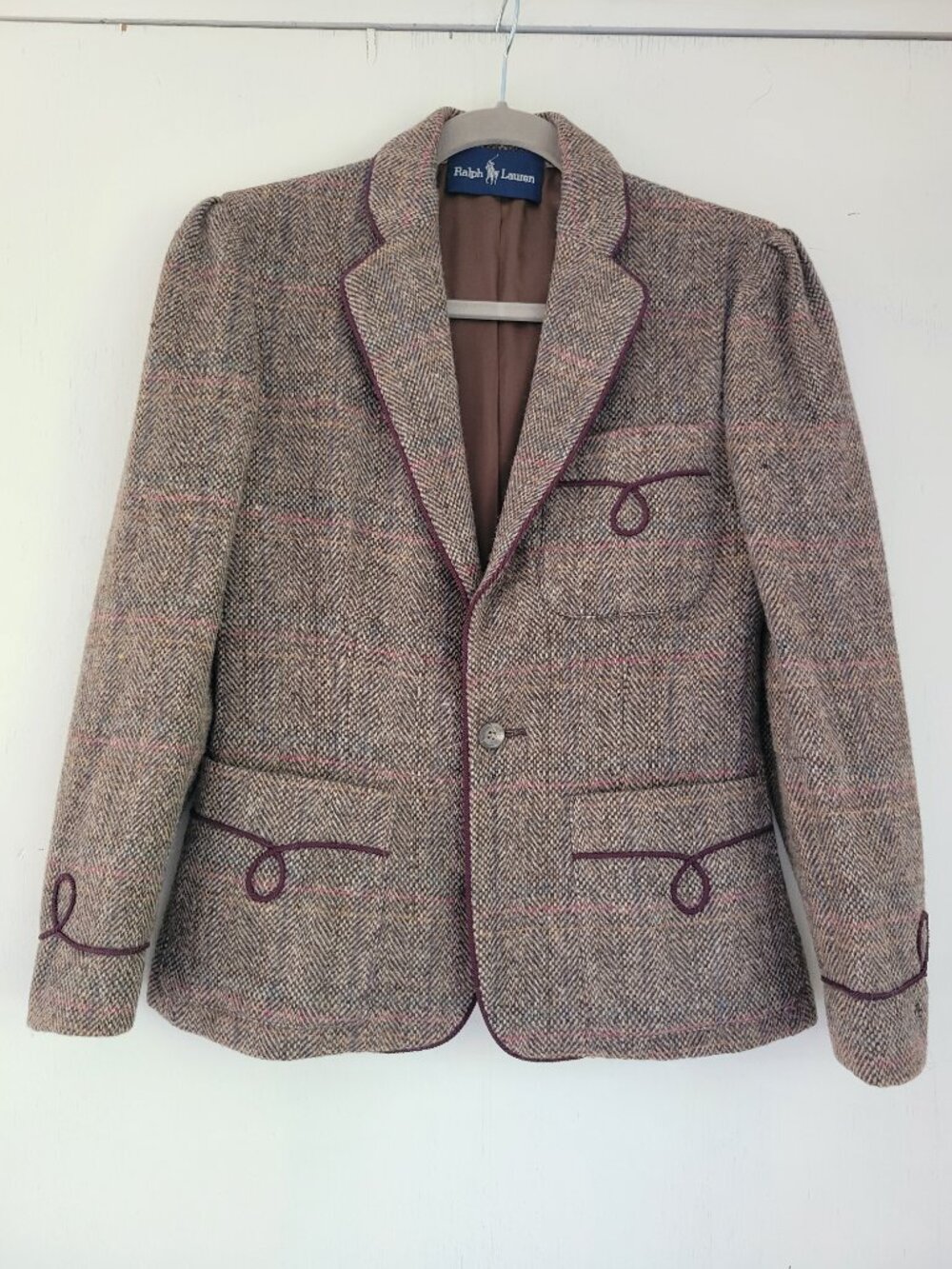 Vintage Ralph Lauren 100% Wool Herringbone Tweed Blazer Burgundy Trim Size 6 - Picture 2 of 13